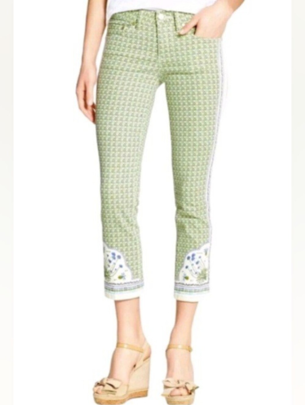 Tory Burch Botanical Light Green MIA Slim Boot Cut Denim Jeans. Size 28